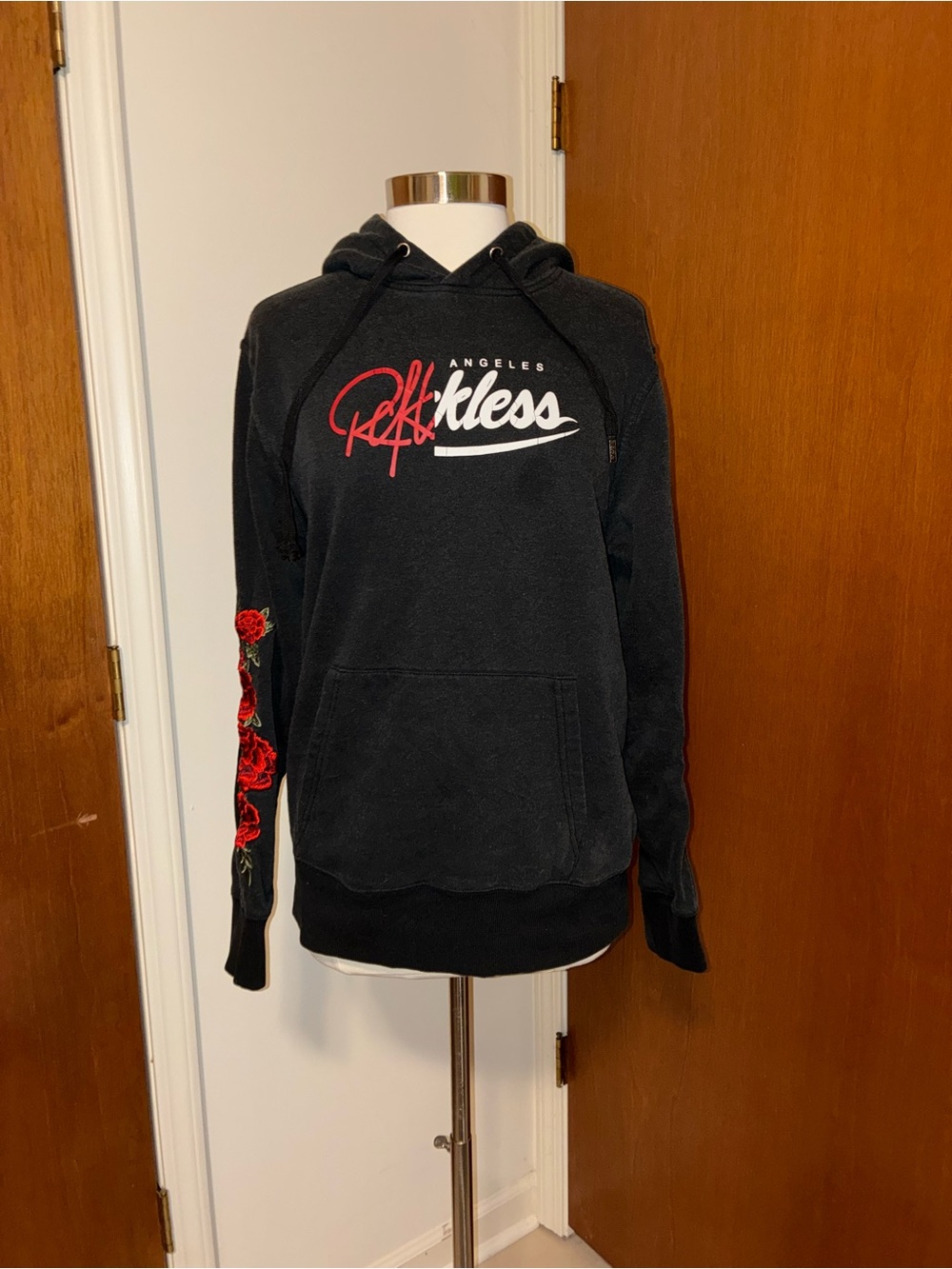 Young & Reckless Black Crewneck Hoodie with Red Rose Sleeve